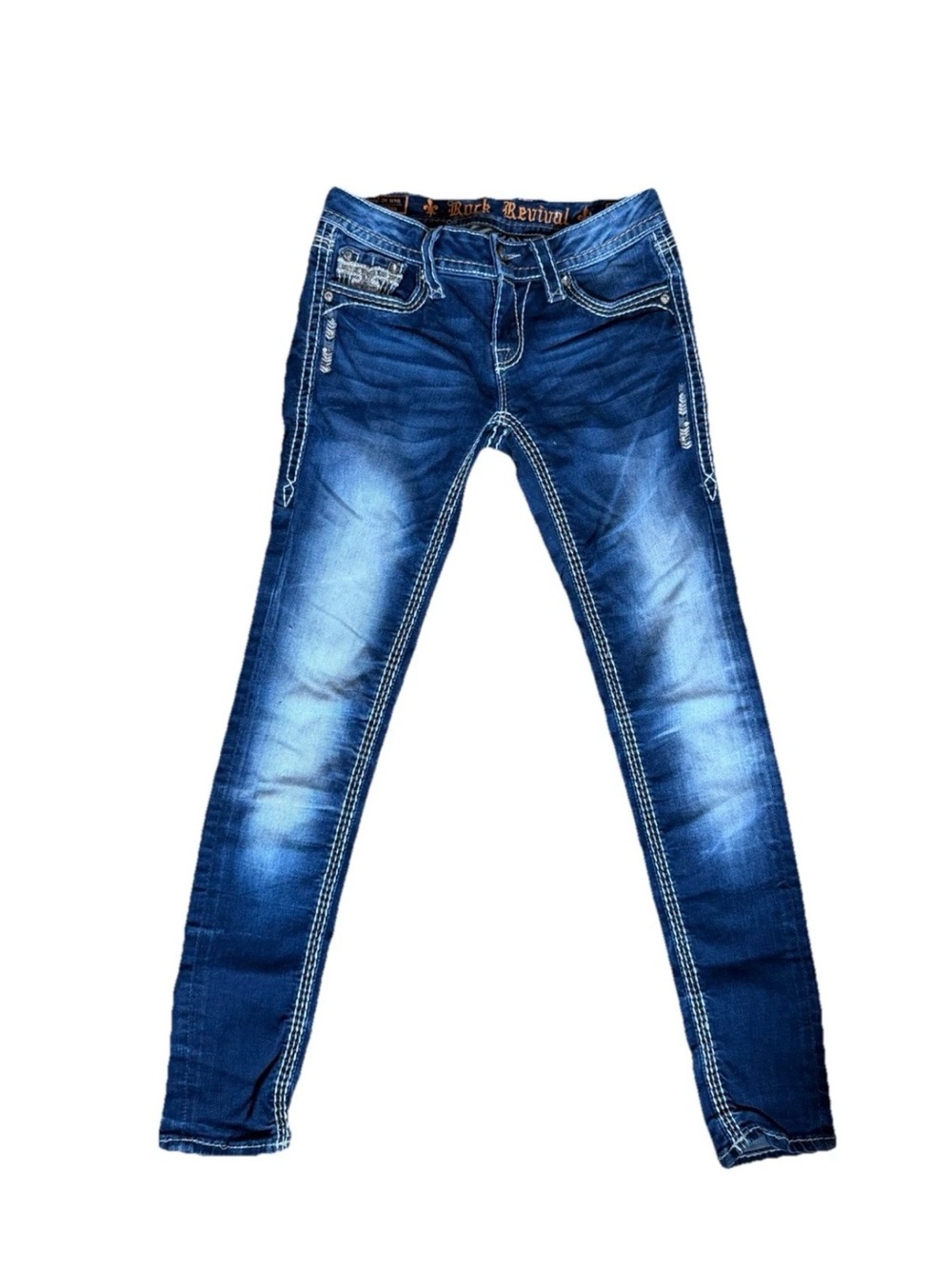 Rock Revival July Cuffed Skinny Jeans Dark Wash Rhinestone Embroidered Size 26
